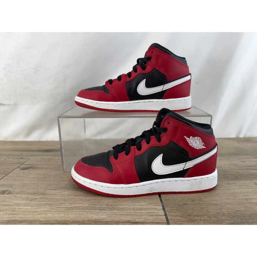 Nike‎ Air Jordan 1 Mid Bred Toe Red Black White DQ8423-061 Kids Youth 4Y